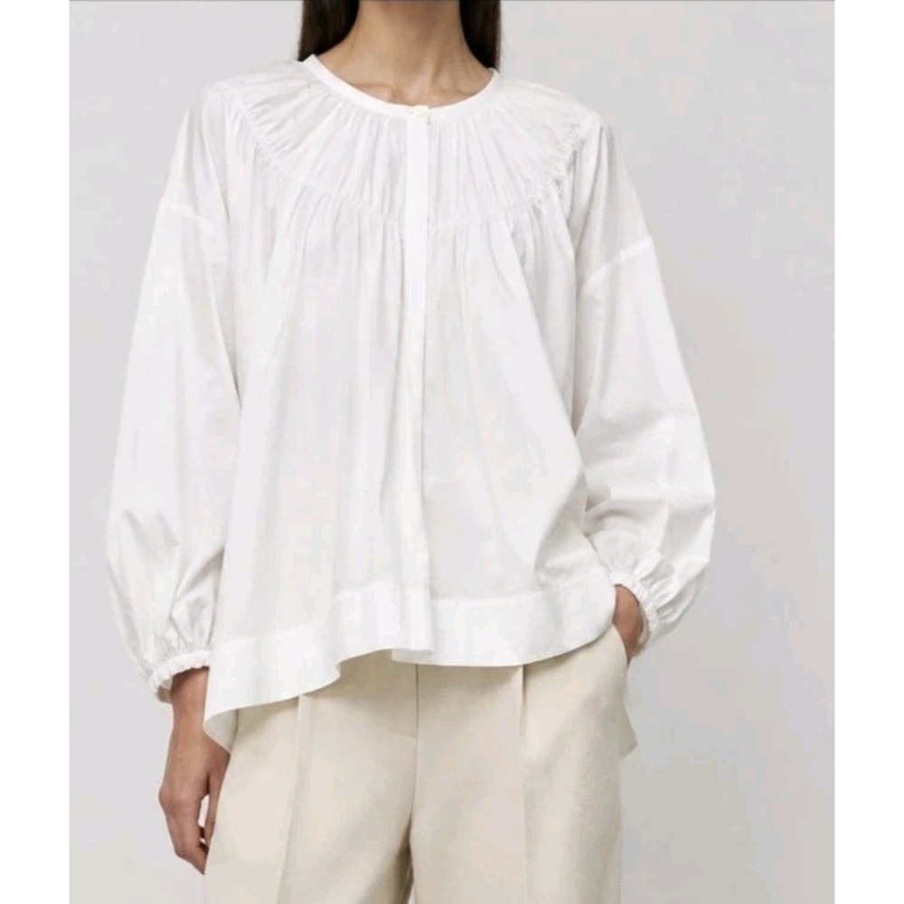 COS White Cotton Poplin Oversized Gathered Neckline Blouse Sz Medium Popover Top